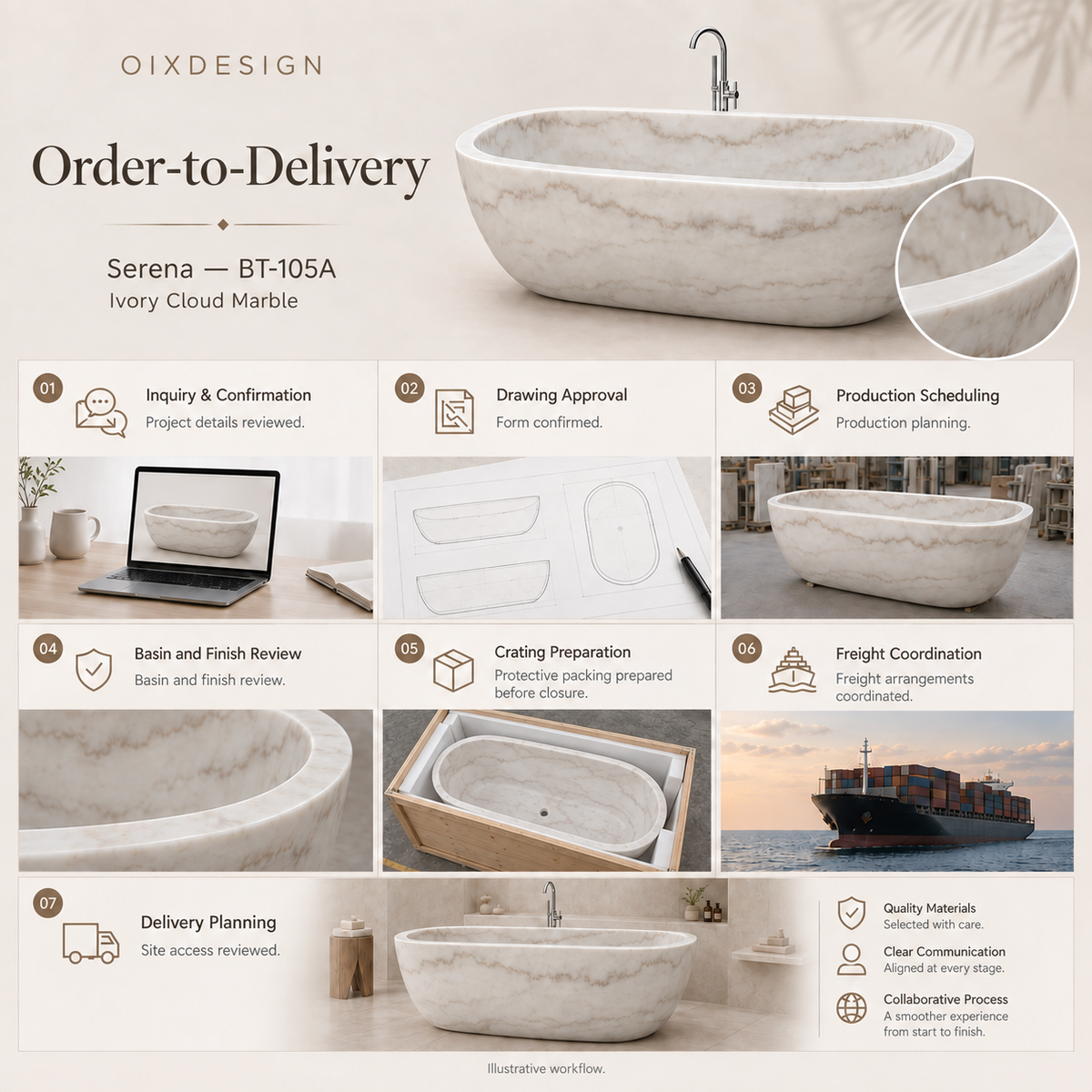 Serena BT-105A Ivory Cloud Marble bathtub — order-to-delivery; illustrative workflow.