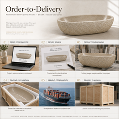 Solea BT-109A Harvest Gold Granite bathtub — order-to-delivery illustrative workflow; crating preparation before closure.
