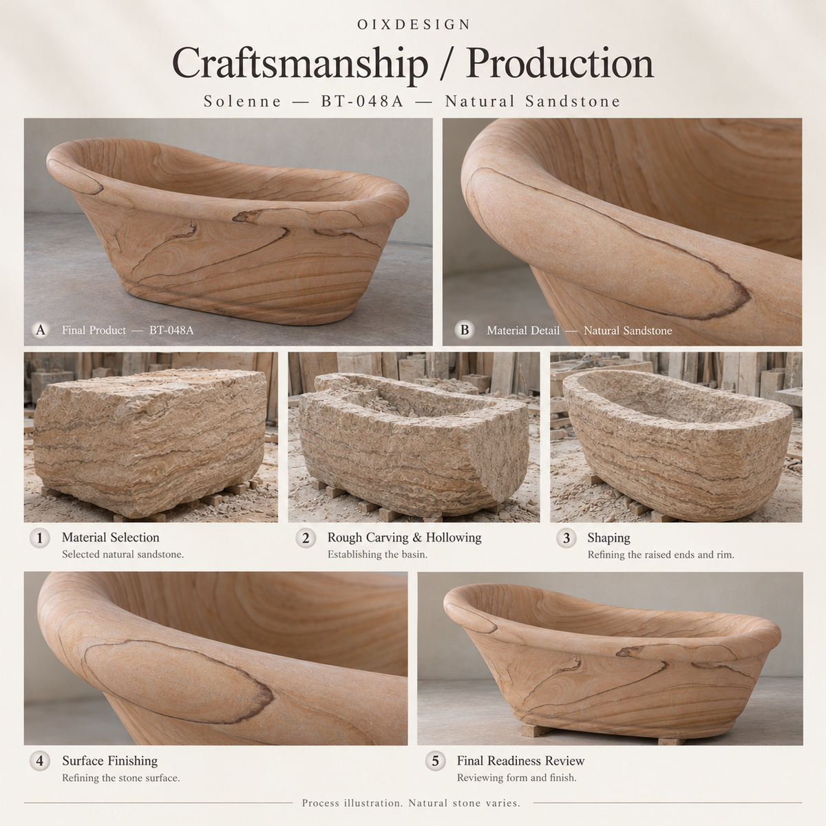 OIXDESIGN Solenne BT-048A Natural Sandstone bathtub — craftsmanship process illustration; not an actual order photograph.