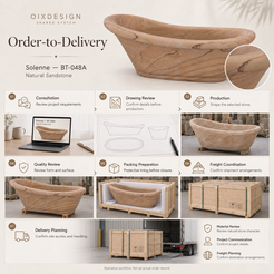 OIXDESIGN Solenne BT-048A Natural Sandstone bathtub — order-to-delivery illustrative workflow; packing preparation before closure, closed crate for shipment.