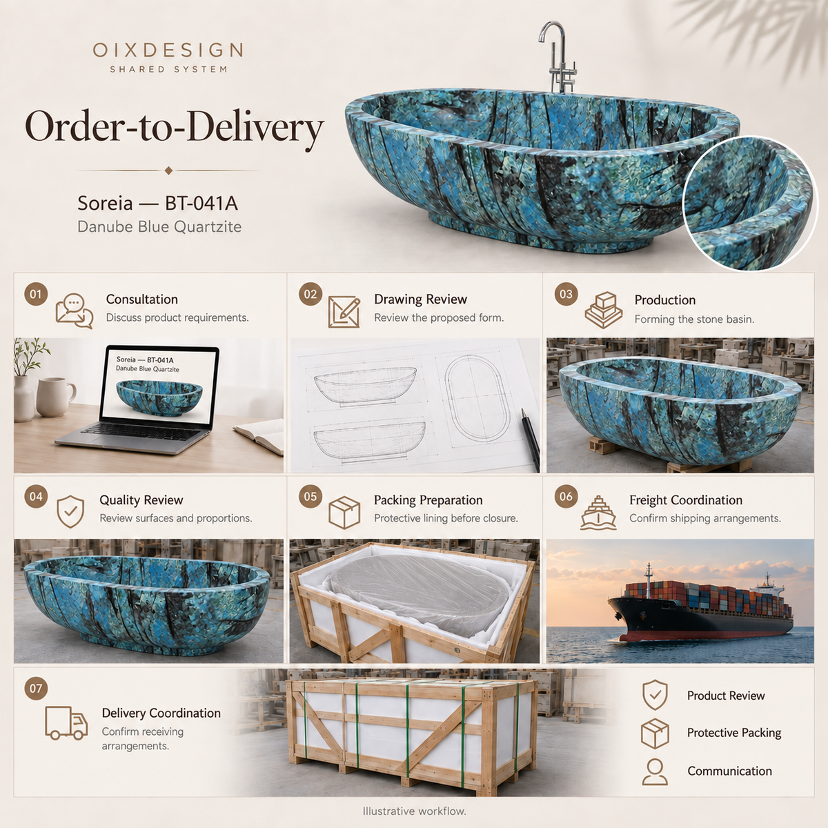 OIXDESIGN Soreia BT 041A Danube Blue Quartzite order-to-delivery illustrative workflow; product-specific illustrative scenes