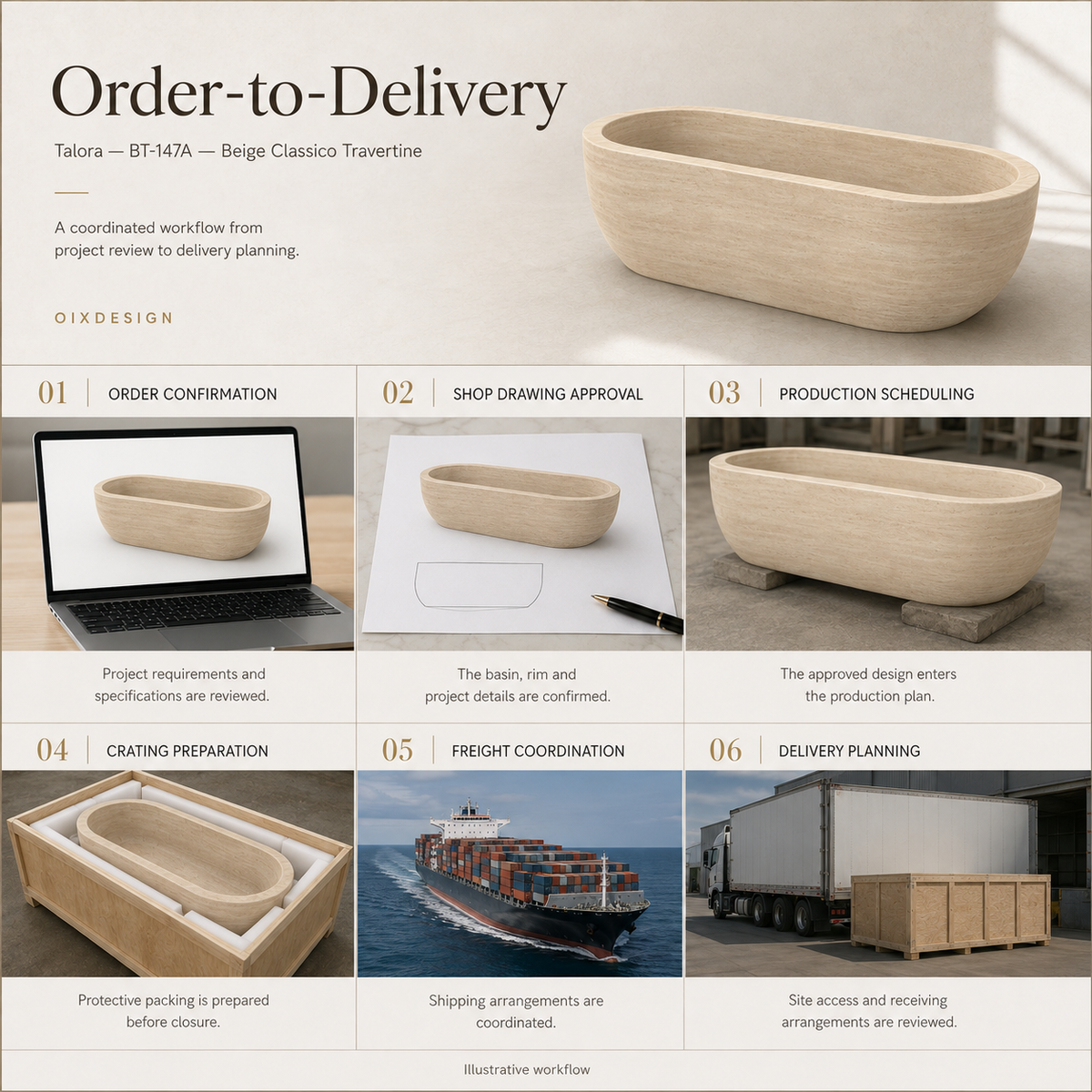 Talora BT-147A Beige Classico Travertine bathtub — order-to-delivery; illustrative workflow.