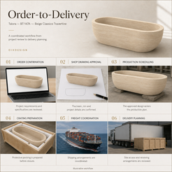 Talora BT-147A Beige Classico Travertine bathtub — order-to-delivery; illustrative workflow.