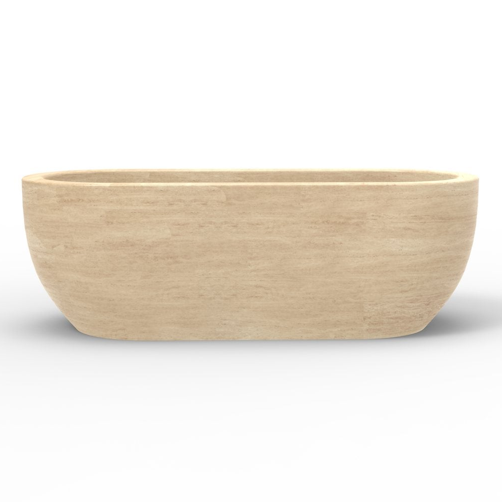 Talora BT-147A Beige Classico Travertine freestanding soaking bathtub, exact-source front studio rendering; tight square crop.