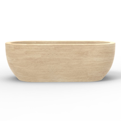 Talora BT-147A Beige Classico Travertine freestanding soaking bathtub, exact-source front studio rendering; tight square crop.
