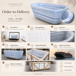 OIXDESIGN Tivelle BT 083A Azura Blue Quartzite order-to-delivery illustrative workflow; product-specific illustrative scenes
