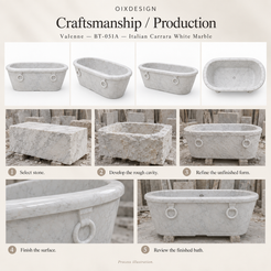 Valenne BT-051A Italian Carrara White Marble bathtub — craftsmanship and production; process illustration.