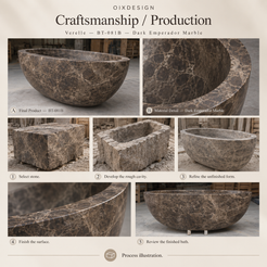 Verelle BT-081B Dark Emperador Marble bathtub — craftsmanship and production; process illustration.