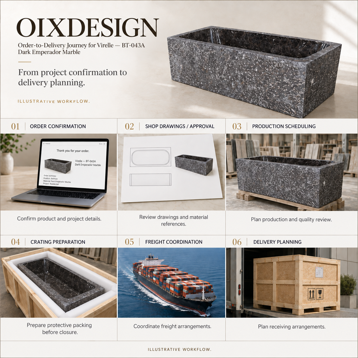 Virelle BT-043A Dark Emperador Marble bathtub — order-to-delivery; illustrative workflow.