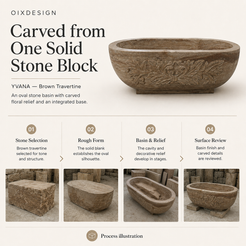 YVANA Brown Travertine bathtub — craftsmanship and production stages; process illustration.