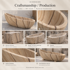 OIXDESIGN Yuka BT-122A Natural Sandstone bathtub — craftsmanship process illustration; not an actual order photograph.