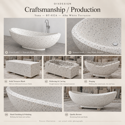 OIXDESIGN Yuna BT-032A Alba White Terrazzo bathtub — craftsmanship process illustration; not an actual order photograph.