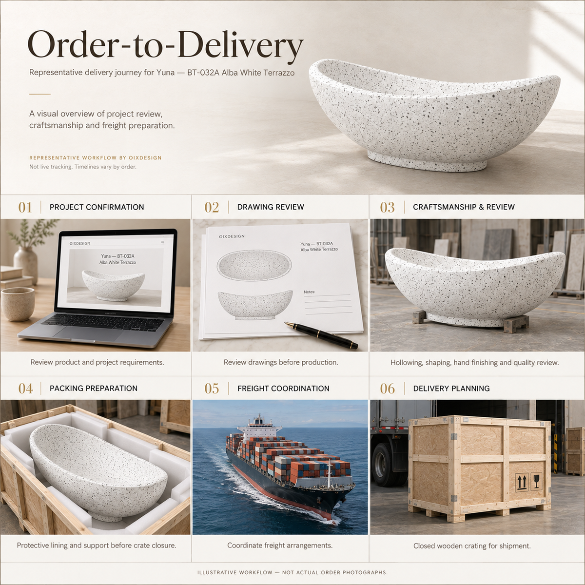 OIXDESIGN Yuna BT-032A Alba White Terrazzo bathtub — order-to-delivery illustrative workflow; packing preparation before closure, closed crate for shipment.