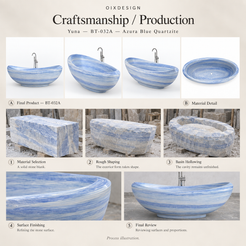 OIXDESIGN Yuna BT 032A Azura Blue Quartzite craftsmanship process illustration; product-specific illustrative scenes