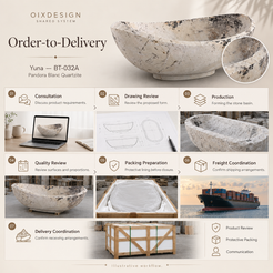 OIXDESIGN Yuna BT 032A Pandora Blanc Quartzite order-to-delivery illustrative workflow; product-specific illustrative scenes