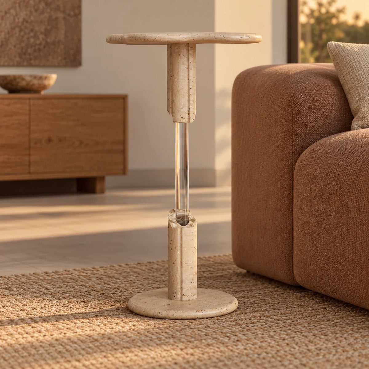 AeroCloud Italian Classico travertine cocktail table with a split pedestal and circular base beside a clay sofa in a warm living room