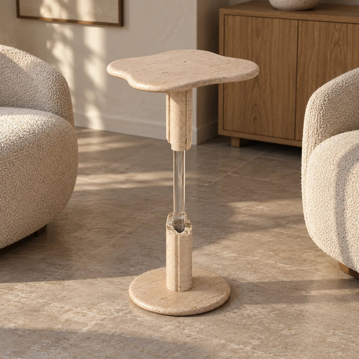 AeroCloud Italian Classico travertine cocktail table with a thin cloud-shaped top in a warm home wine lounge