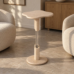 AeroCloud Italian Classico travertine cocktail table with a thin cloud-shaped top in a warm home wine lounge