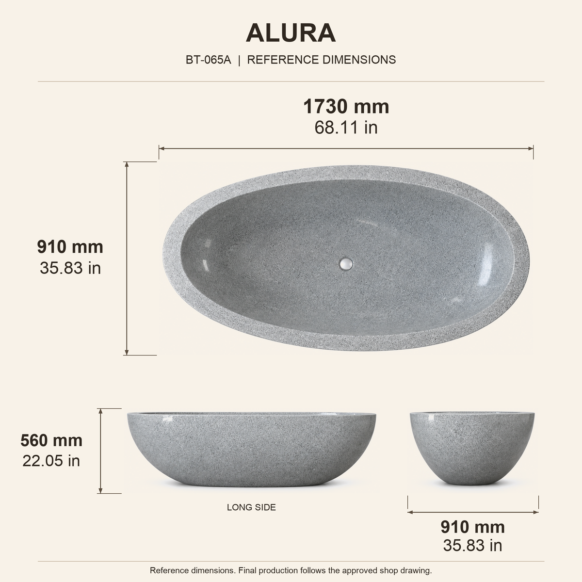 Alura Freestanding Alpine Silver Granite Soaking Bathtub reference dimension drawing with top, long-side and short-end views, measurements in millimetres and inches.