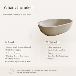 Amalfi Oval Freestanding Soaking Bathtub – White Limestone — What’s Included in the Reference Price.