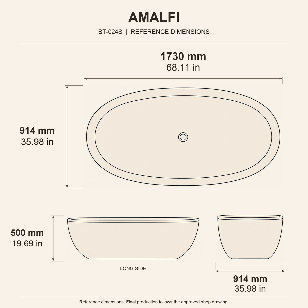 Amalfi Oval Freestanding Soaking Bathtub – White Limestone reference dimension drawing with top, long-side and short-end views, measurements in millimetres and inches.