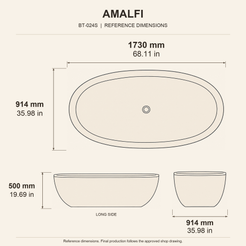Amalfi Oval Freestanding Soaking Bathtub – White Limestone reference dimension drawing with top, long-side and short-end views, measurements in millimetres and inches.
