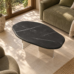 AquaFlow Black Marquina marble coffee table with two clear acrylic bases in a garden-window sitting room, viewed from above at an oblique angle.