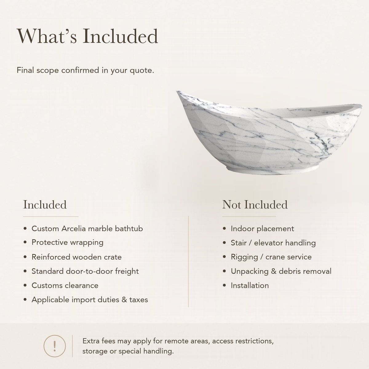 Arcelia Sculptural Boat-Shaped Freestanding Soaking Bathtub – Carrara White Marble — What’s Included in the Reference Price.