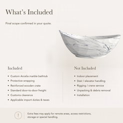 Arcelia Sculptural Boat-Shaped Freestanding Soaking Bathtub – Carrara White Marble — What’s Included in the Reference Price.
