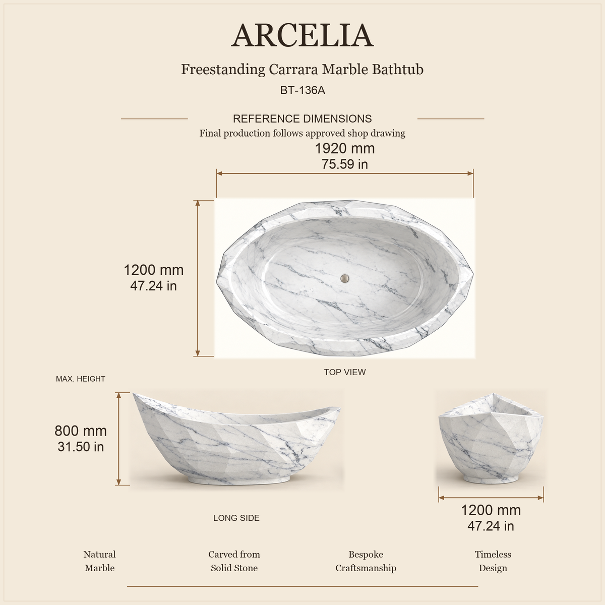 Arcelia BT-136A Carrara Marble bathtub dimensions: 1920 x 1200 x 800 mm (75.59 x 47.24 x 31.50 in), top, long side and end views.