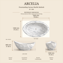 Arcelia BT-136A Carrara Marble bathtub dimensions: 1920 x 1200 x 800 mm (75.59 x 47.24 x 31.50 in), top, long side and end views.