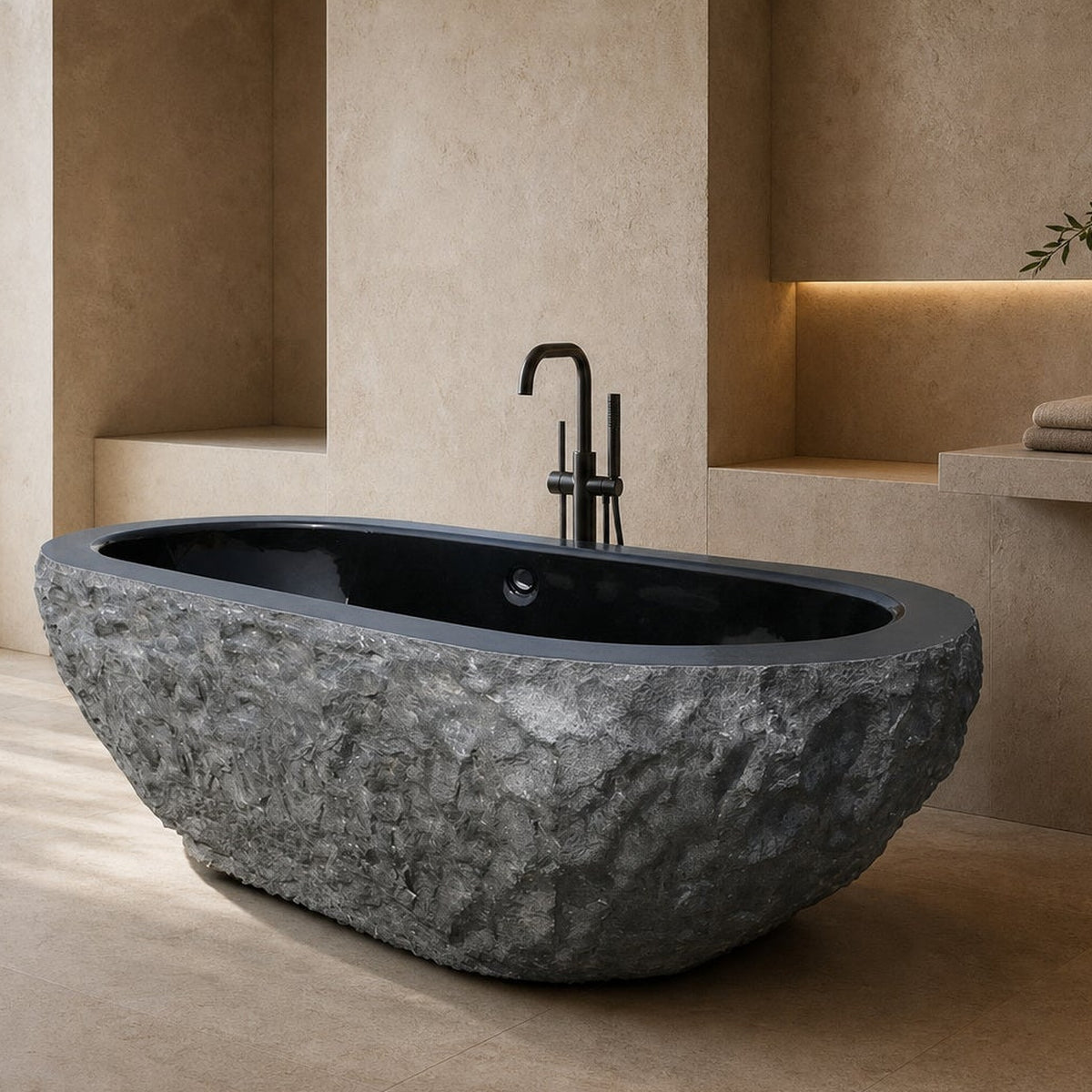 Arden BT-019A Natural-Face Black Granite soaking bathtub in a warm architectural bathroom, tightly reframed styled visualization