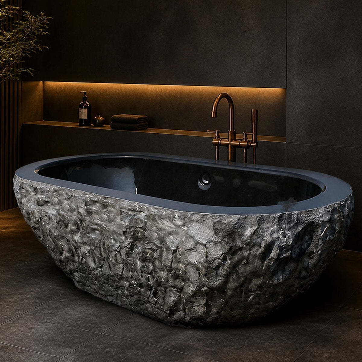 Arden BT-019A Natural-Face Black Granite soaking bathtub in a dark hospitality spa, tightly reframed styled visualization