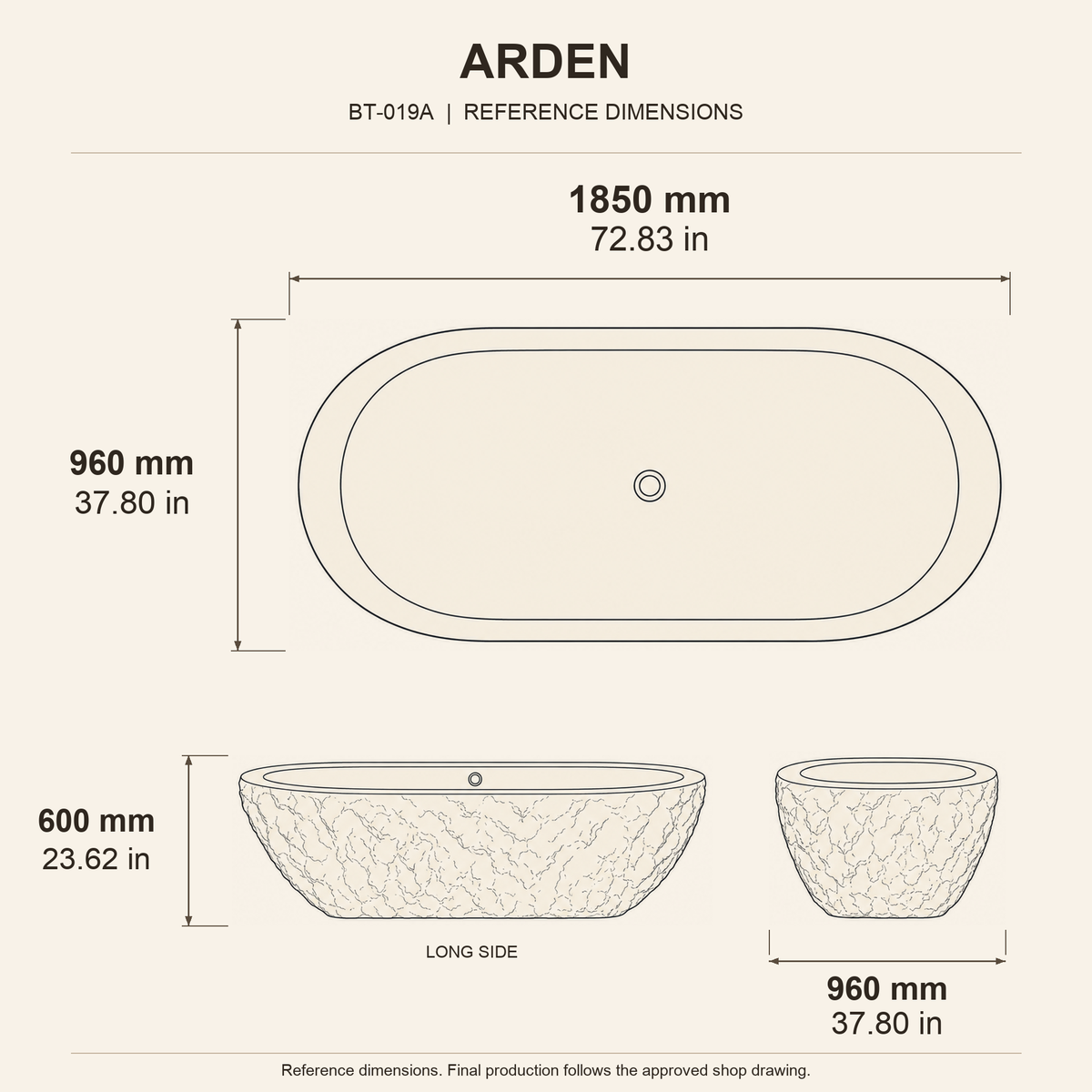 Arden Freestanding Natural-Face Black Granite Soaking Bathtub reference dimension drawing with top, long-side and short-end views, measurements in millimetres and inches.