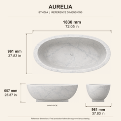 Aurelia Freestanding Pedestal Marble Soaking Bathtub – Ivory Cloud reference dimension drawing with top, long-side and short-end views, measurements in millimetres and inches.