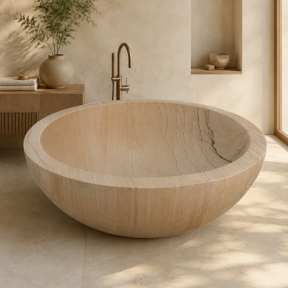 Aureva Round Freestanding Soaking Bathtub – Natural Sandstone in a warm ivory-limestone luxury bathroom; exact product geometry and material preserved