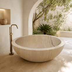 Aureva Round Freestanding Soaking Bathtub – Natural Sandstone in a bright serene courtyard spa bathroom; exact product geometry and material preserved