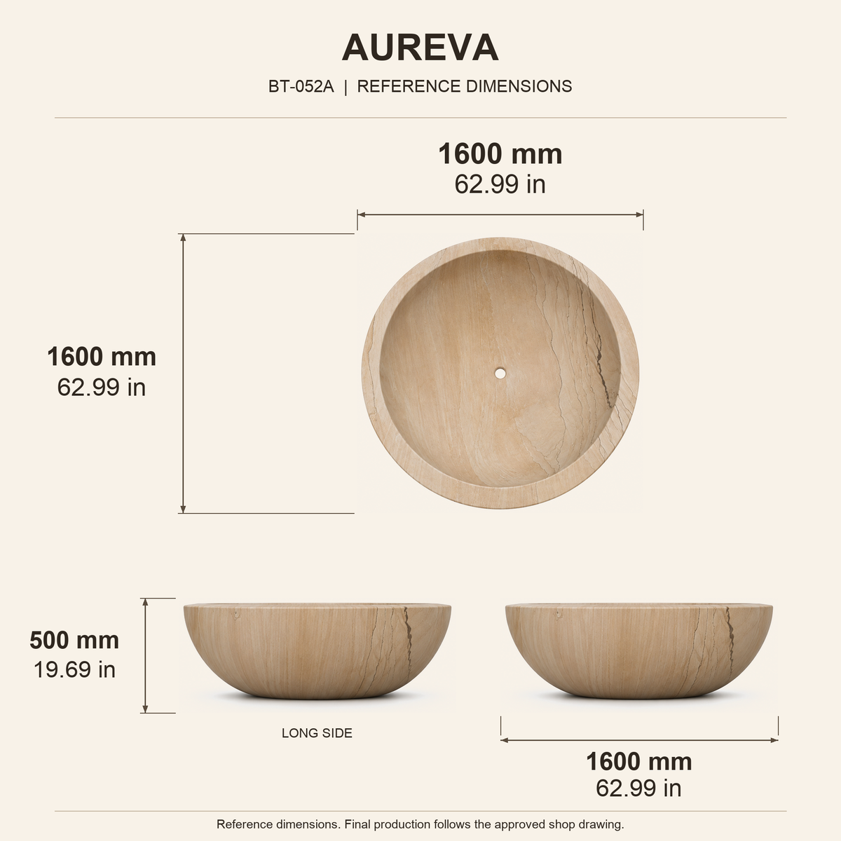 Aureva Round Freestanding Soaking Bathtub – Natural Sandstone reference dimension drawing with top, long-side and short-end views, measurements in millimetres and inches.