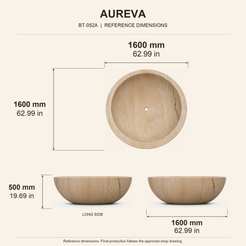 Aureva Round Freestanding Soaking Bathtub – Natural Sandstone reference dimension drawing with top, long-side and short-end views, measurements in millimetres and inches.