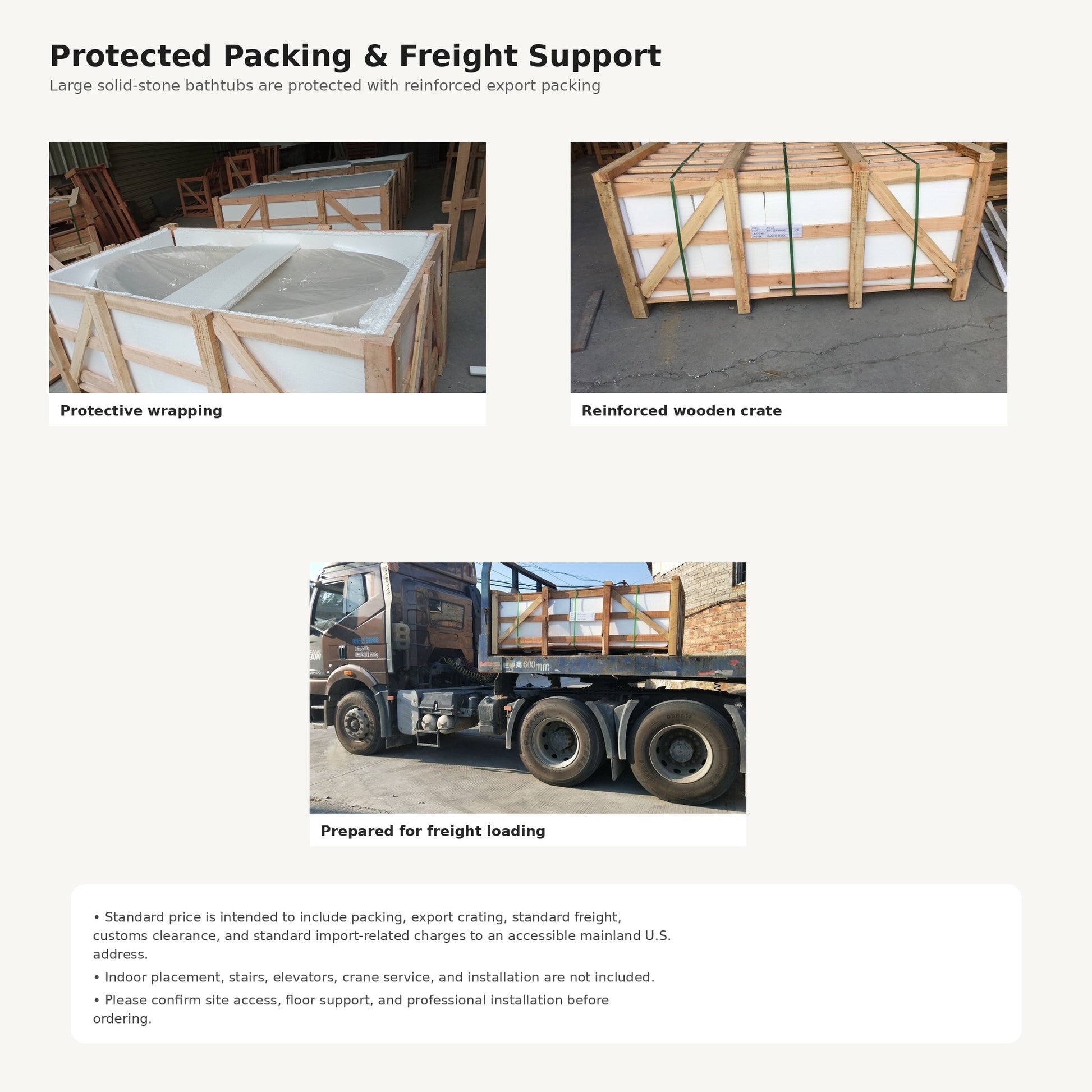 Avela marble bathtub, real protective packing and reinforced freight crate process