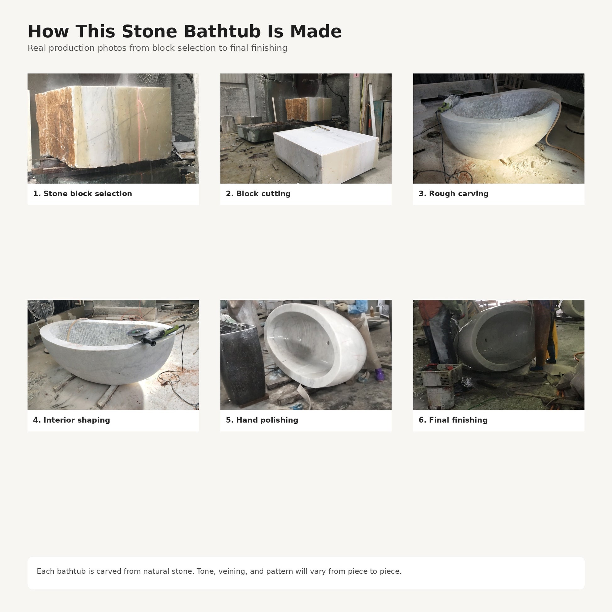 Avela Ivory Cloud Marble bathtub, real stone carving and hand-finishing process