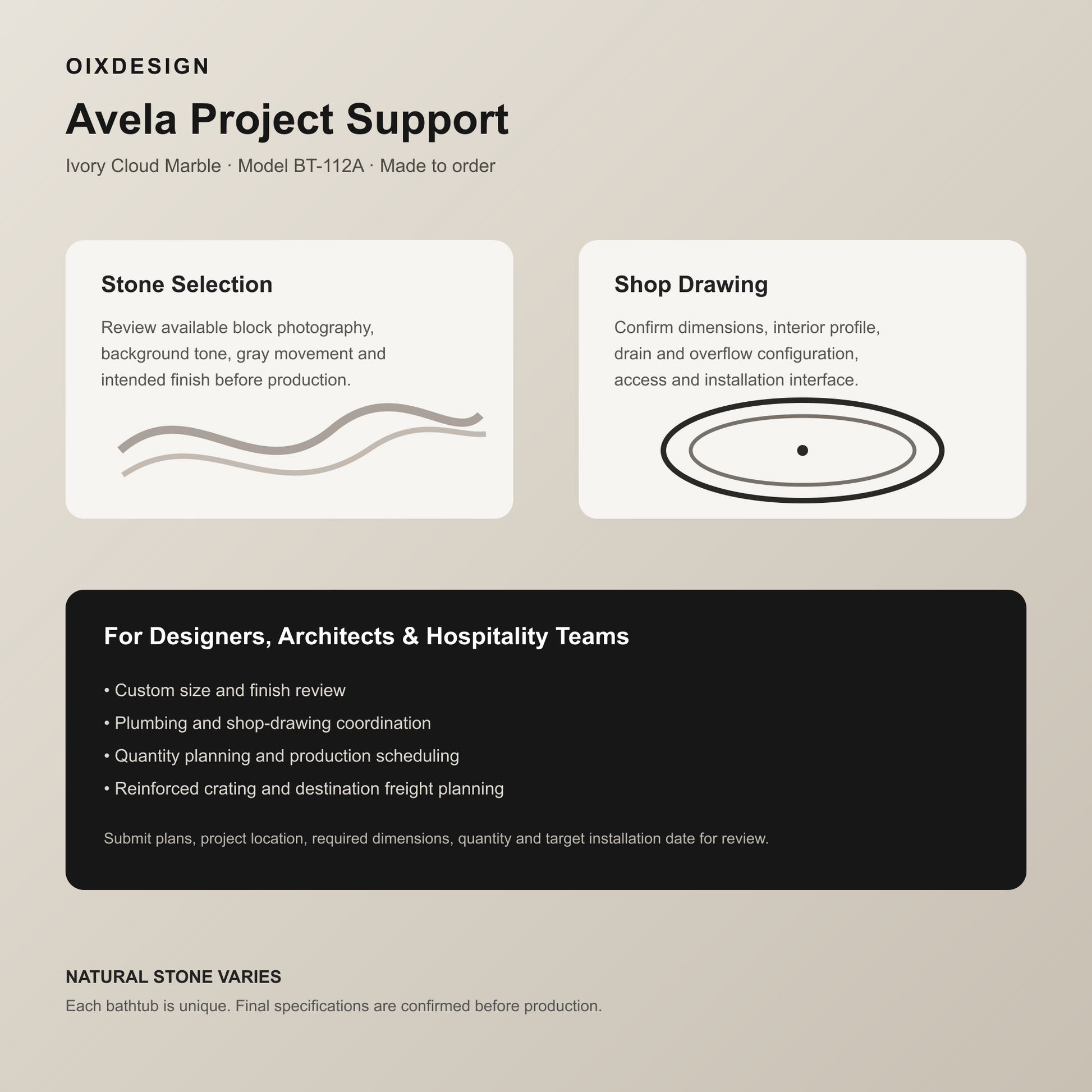 Avela Ivory Cloud Marble bathtub, stone selection and designer project support
