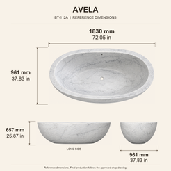 Avela Freestanding Deep Oval Ivory Cloud Marble Soaking Bathtub reference dimension drawing with top, long-side and short-end views, measurements in millimetres and inches.