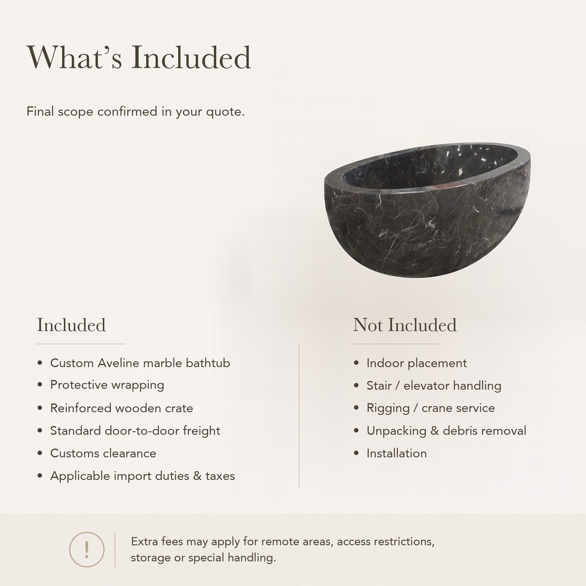 Aveline Oval Freestanding Soaking Bathtub – Dark Emperador Marble — What’s Included in the Reference Price.