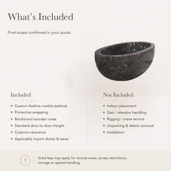 Aveline Oval Freestanding Soaking Bathtub – Dark Emperador Marble — What’s Included in the Reference Price.