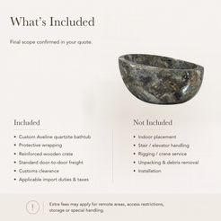 Aveline Oval Freestanding Soaking Bathtub – Celestia Blue Quartzite — What’s Included in the Reference Price.