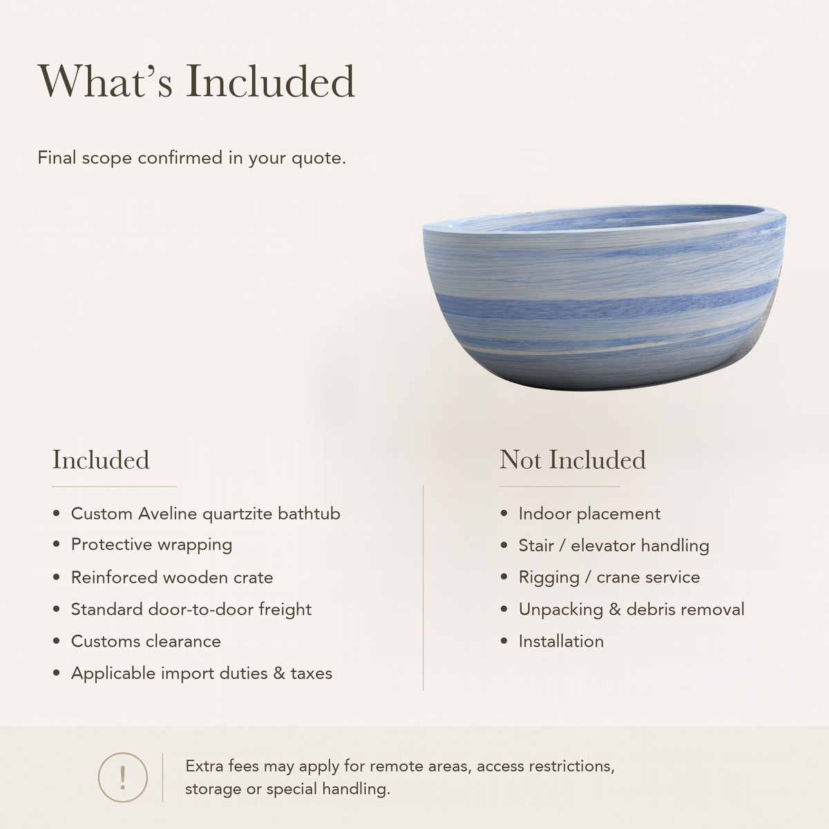 Aveline Oval Freestanding Soaking Bathtub – Azura Blue Quartzite — What’s Included in the Reference Price.