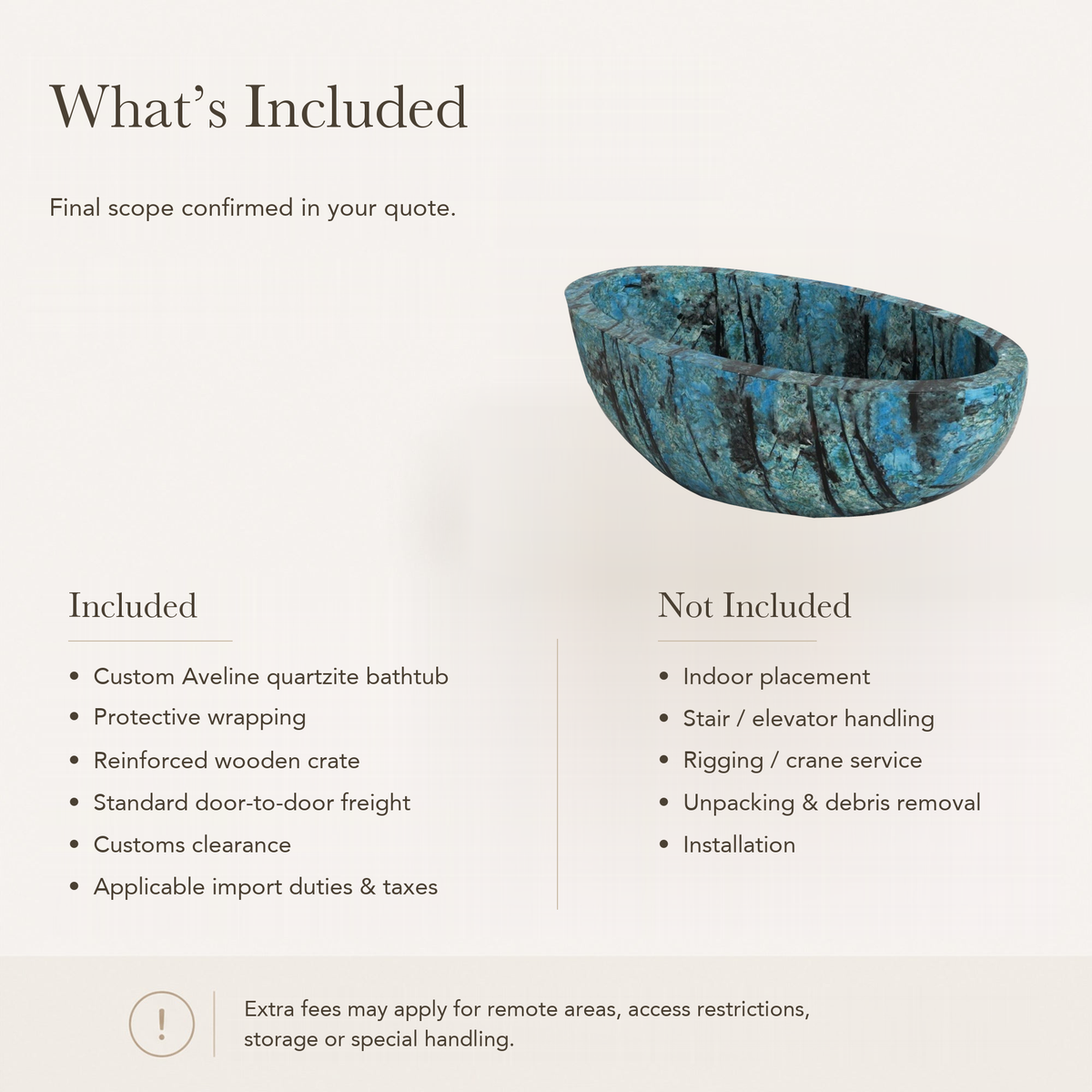 Aveline Oval Freestanding Soaking Bathtub – Danube Blue Quartzite — What’s Included in the Reference Price.