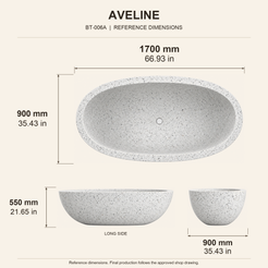 Aveline Oval Freestanding Soaking Bathtub – Alba White Terrazzo reference dimension drawing with top, long-side and short-end views, measurements in millimetres and inches.