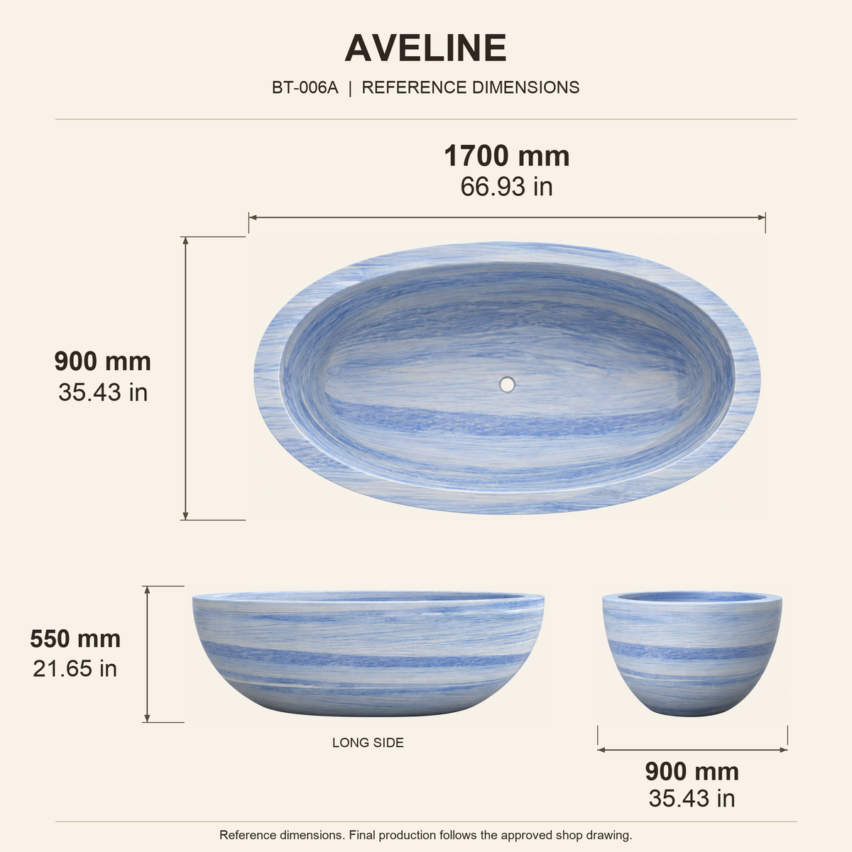 Aveline Oval Freestanding Soaking Bathtub – Azura Blue Quartzite reference dimension drawing with top, long-side and short-end views, measurements in millimetres and inches.